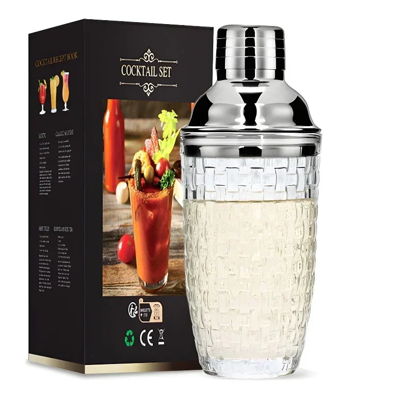 Glass Cocktail Shaker Sets Stainless Steel Lid Cocktail Cups Bartending Tools with Leakproof Steel Lid Strainer Bar Accessories