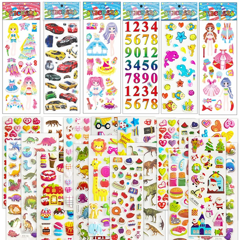 8Sheets Cartoon 3D Waterproof Bubble PVC DIY Stickers Boys Girls School Teachers Reward Craft Children Early Learning Toys Gifts 35pcs set vintage cartoon girl goddess sticker diy craft scrapbooking album junk journal planner decorative stickers