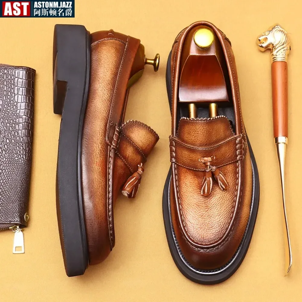 Soft Leather Elegant Mens Dress Loafers Shoes Platform Luxury Genuine Leather Summer New Black Wedding Social Formal Shoes Man