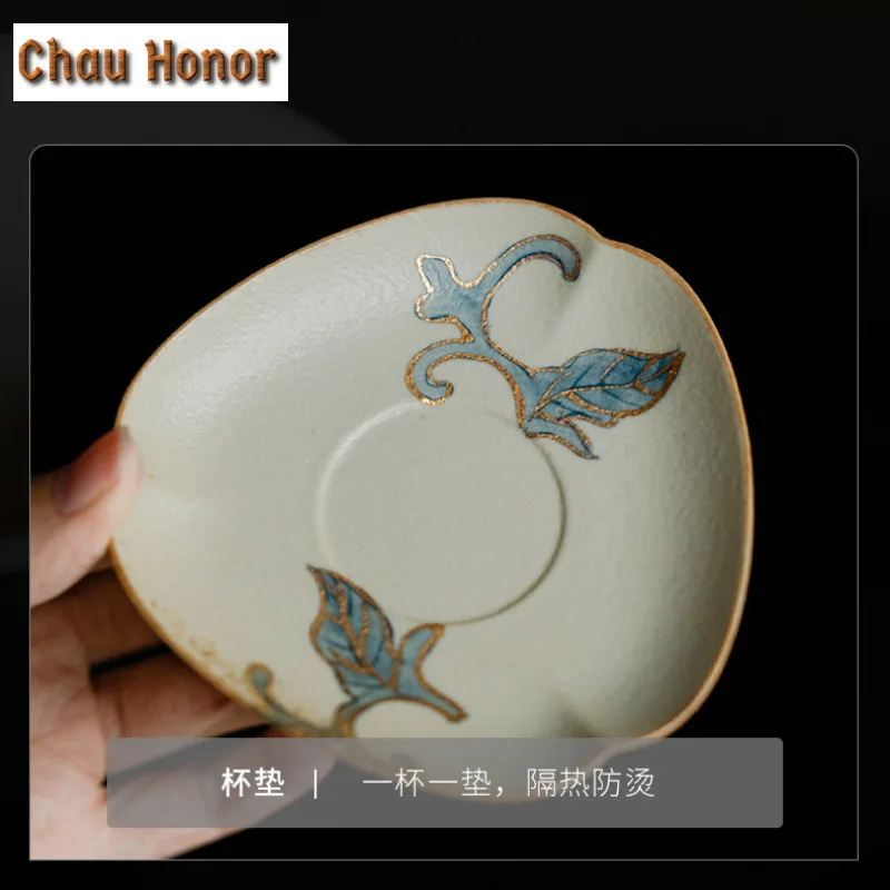 100ml Blue And White Flint Red Tea Cup Handmade Gold Drawing Peony Flower Tea Bowl With Saucer Kit Personal Master Cup Drinkware