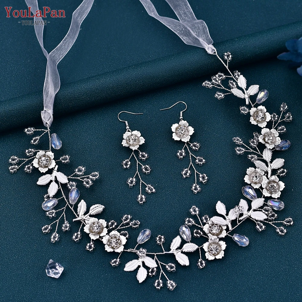 

TOPQUEEN HP350 Silver Color Woman Headband Earring Wedding Headpiece Hair Accessories Bride Headwear Woman Headdress Ornament