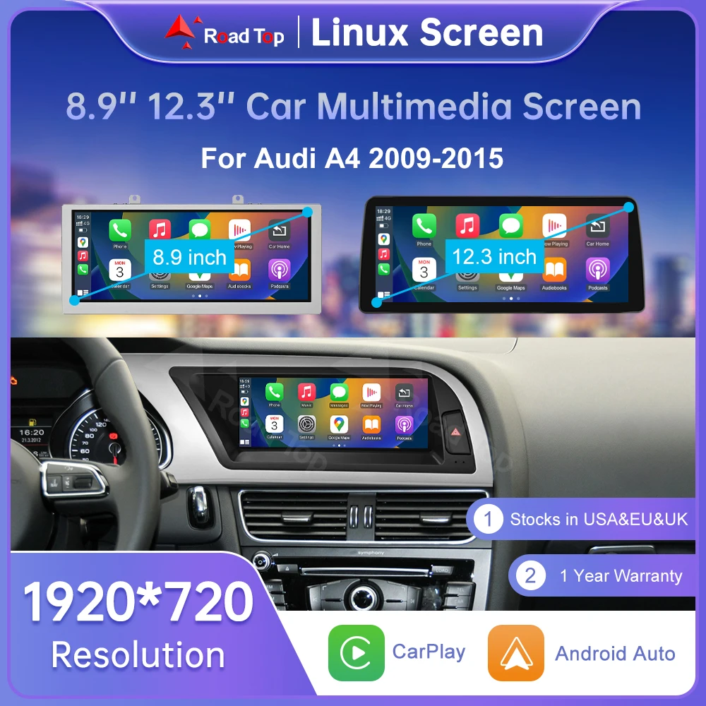 Pantalla Linux Multimedia de Radio superior de carretera para Audi A4 A5 2009-2015 inalámbrico CarPlay Android Auto Airplay función de reproductor de coche 1