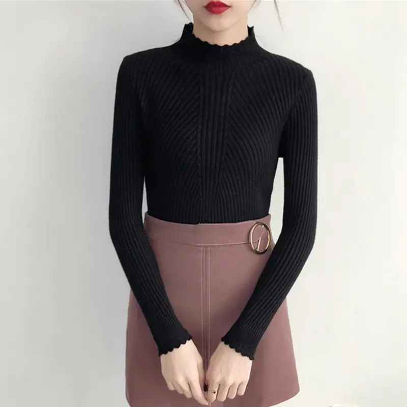 Black White Yellow Pink Flower Turtleneck Sweater Women Chic Tops Girl Knitt Pullovers Long Sleeve Jumper Pull Femme Clothing - Image 7