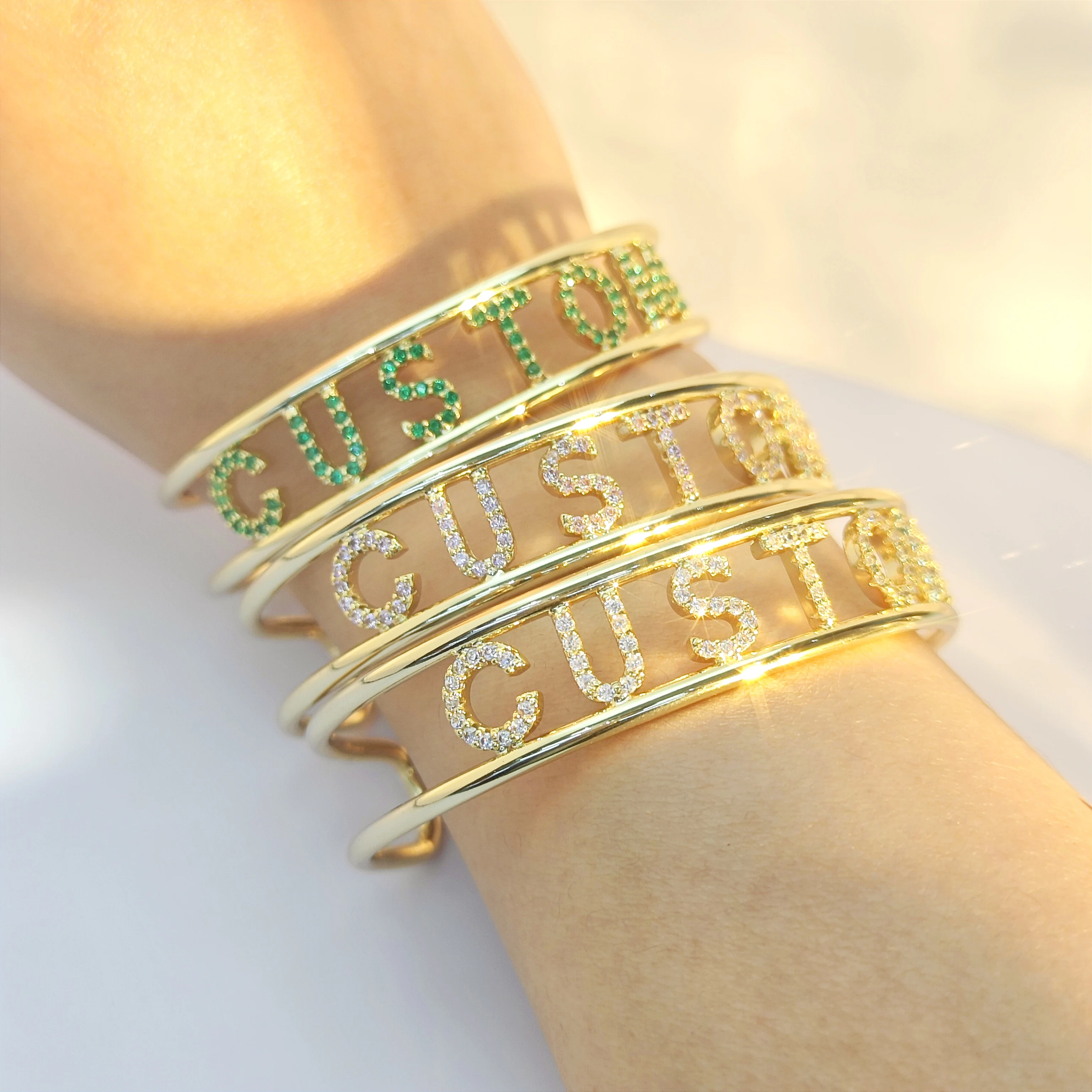 Customized Colorful Zircon 9mm Letters Bangle Green Stone Letter Custom Women Bracelet Bangle Jewelry