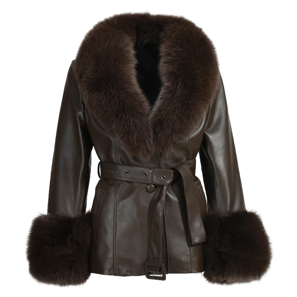 Manteau Femme En Cuir Et Fourrure - Noir, Taille Unique, Occasion En Parfait état