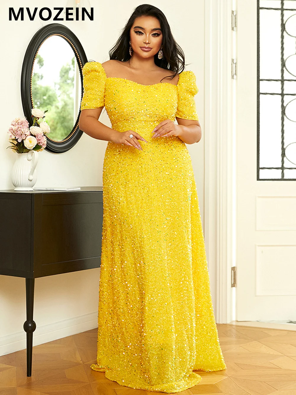 

Yellow Prom Dresses 2023 Sequin A-Line Square Neck Short Sleeves Evening Dress Plus Size Long Formal Occasion Cocktail Dresses