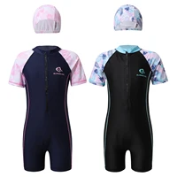 Kids Girls One-piece Swimsuit Rash Guard Short Sleeve Jumpsuit Athletic Swimwear with Hat Surfing Bathing Training Beachwear 2