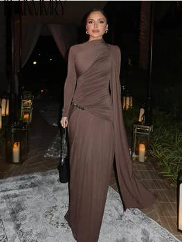 Robe soirée marron femme élégante col rond plissée 2025