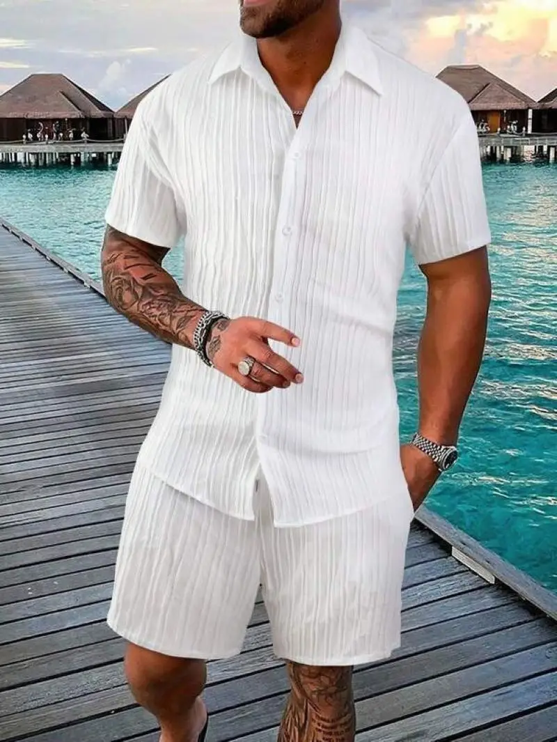 Men's beach suit striped solid color short sleeve shorts shirt Sports casual breathable lightweight high quality men's wear ins 3