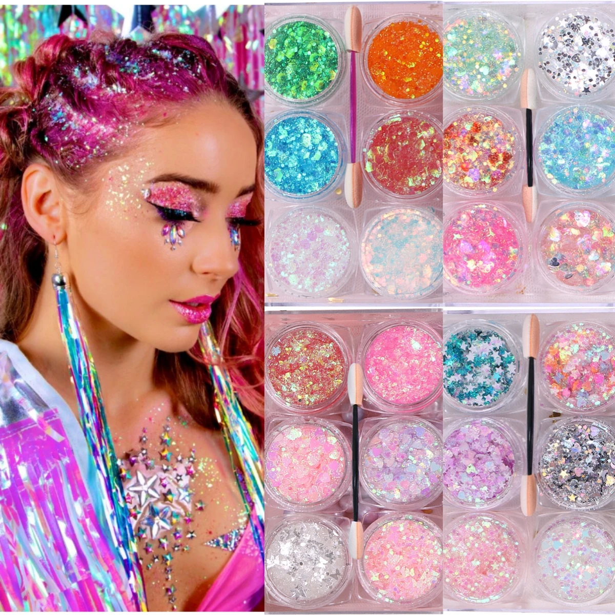 "Sparkle-Infused" Sparkling Gray Glitter Gel For Mardi Gras Concerts & Festivals Mermaid Face Paint & Chunky Hair Sparkle Makeup 3
