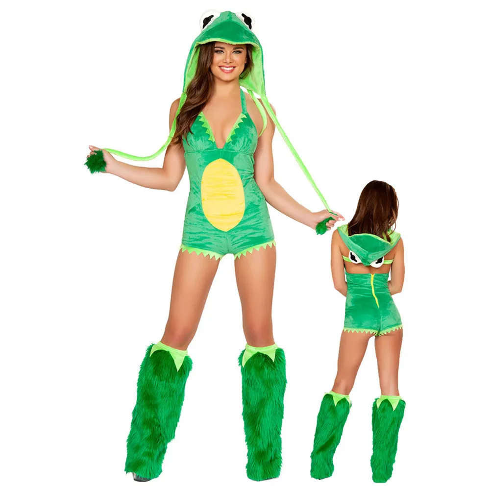 Green frog costume new women halloween jumpsuits cosplay plush animal costumes with leg warmer costume faux fur animal