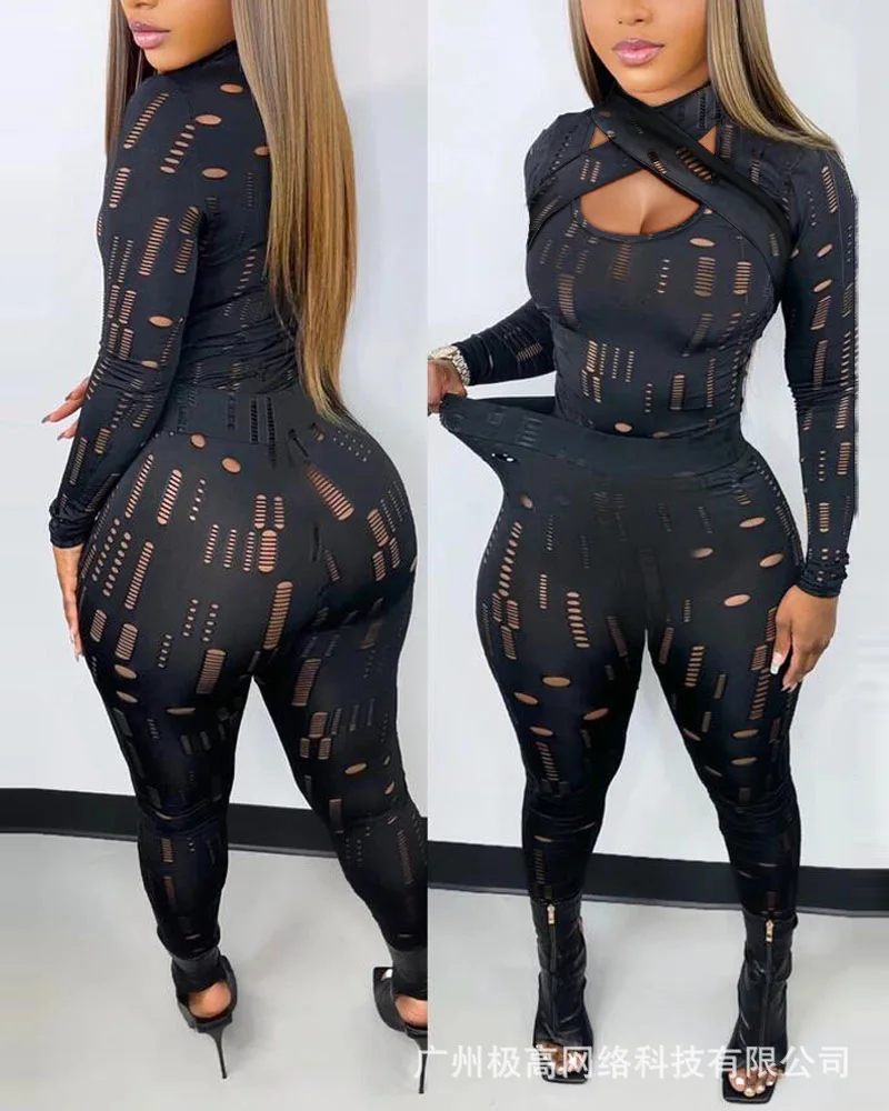 

2023 New Summer Fashion Women's Tight Sexy Hollow Two-piece Suit, Broken Cross Strap Tight Top + Pants Set for Women