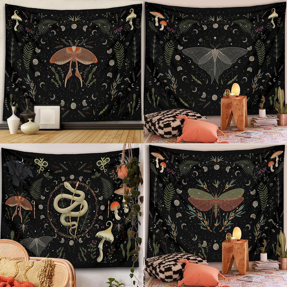 Moon Tapestry Wall Hanging Moth Botanical Wprurish Moon Phase Estetica Moon Goddess Living Room Dorm Decor Arazzo Di Funghi