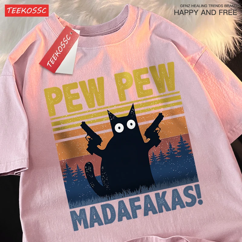Pew Pew Madafakas Double Gun Cat Short Sleeve Oversized Breathable T Shirts Cotton Summer Clothing Street Casual Tshirt Men