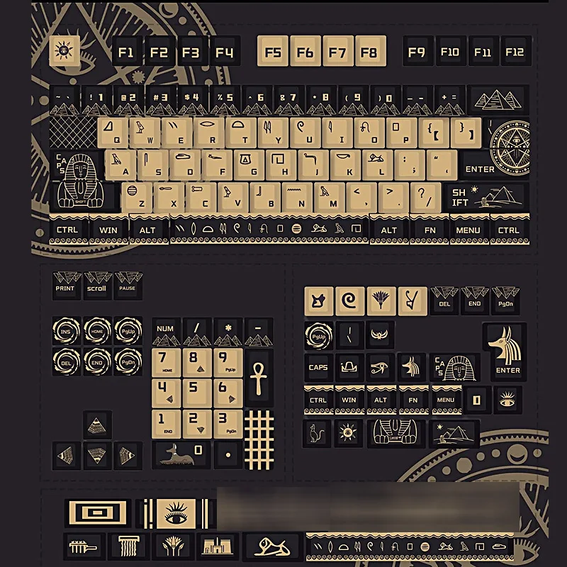 Estilo Rei Egípcio Retro Keycap Altura Cereja Conjunto Completo Processo de Sublimação Pbt Azul Cáqui 130 Chaves
