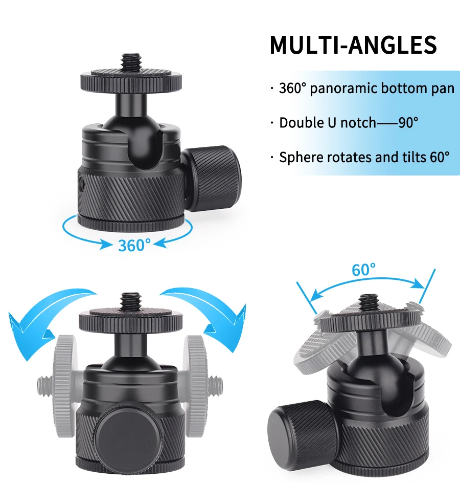 Mini Ball Head- C19 Mount Tripod Head-CNC Metal Low Profile Ballhead 360° Pan 90