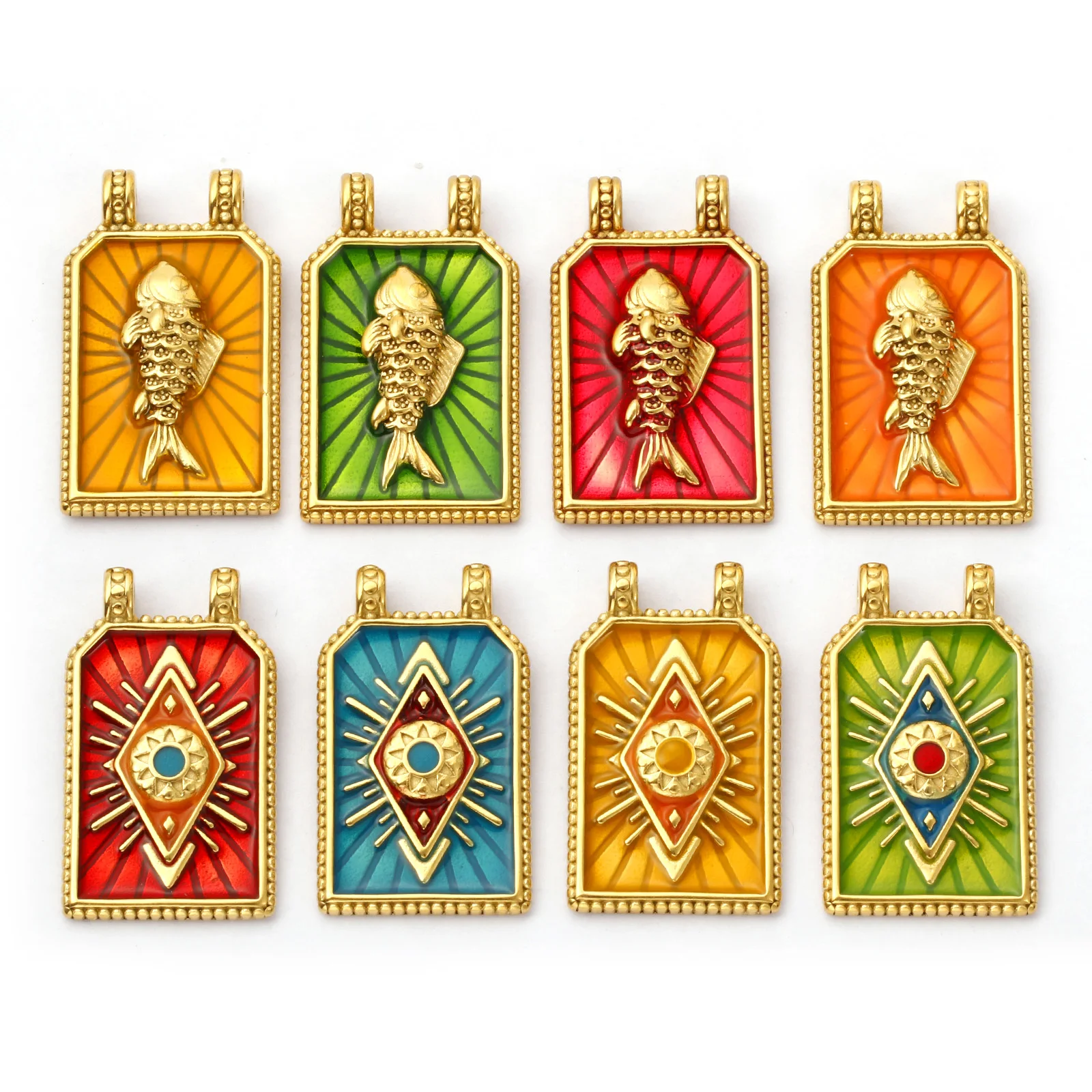 1 Stück 304 Edelstahl Charms 18 Karat echt vergoldet Emaille Sechseck Fisch Evil Eye Anhänger für DIY Halskette Schmuckherstellung