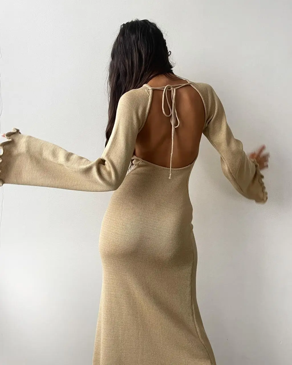 Ruffled Backless Knit Dress Solid Female Casual Lace-Up High Waist Long Sleeve Maxi Dress Knitwear Bandage Fashion Dress