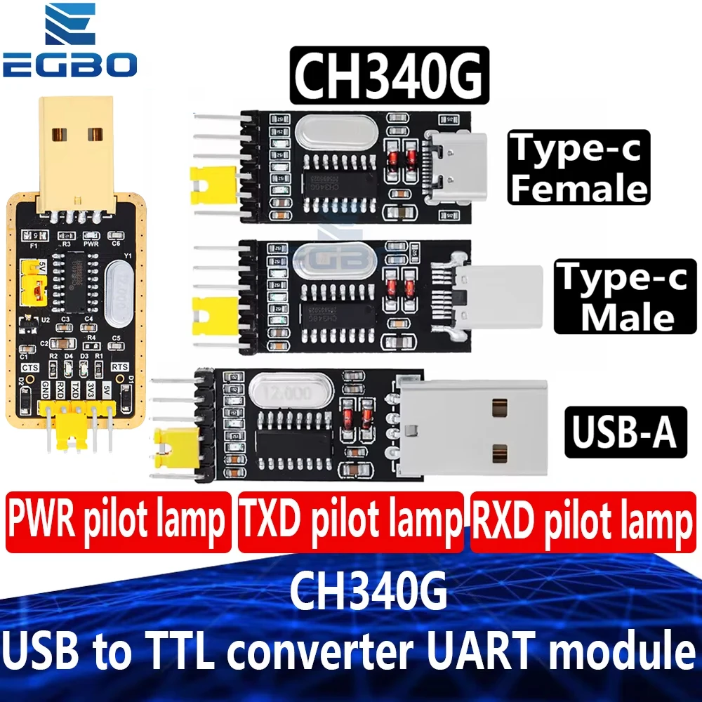 EGBO USB zu TTL Konverter UART Modul CH340G CH340 3,3V 5V Schalter Typ-C Stecker Buchse USB-A