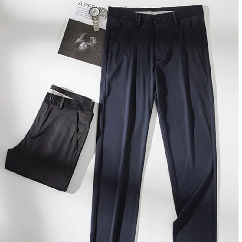 Spring Autumn Men's Casual Trousers Straight Barrel Solid Button Zipper Pocket Fashion Elegant Office Slim Fit Commuter Pants
