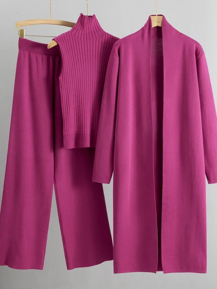 Wmstar 3 Piece Sets Wholesale Loose Knitted Suit for Women in Fall and Winter Long Shawl Cardigan High Neck Vest Wide Leg Pants