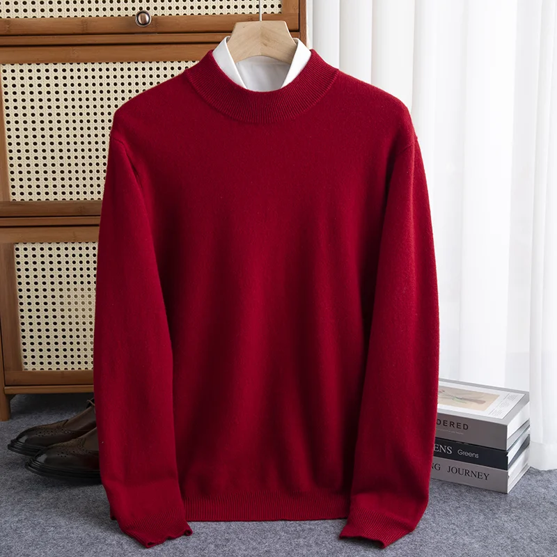 Autumn and winter 100% pure wool men's padded half-height slim bottoming pullover long-sleeved knitted cashmere sweater