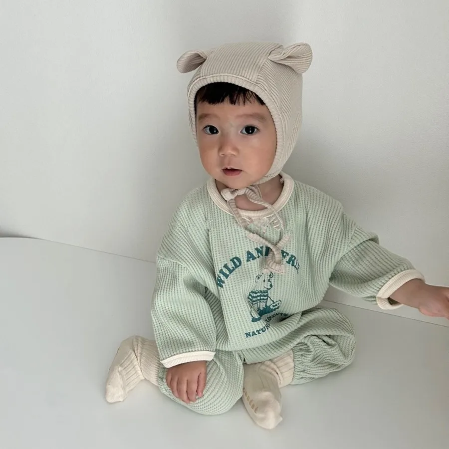 Korean Children's Wear Children's Bear Suit Spring and Autumn Baby Cute Cartoon Waffle Sweater Leggings Casual Suit Kids Clothing Set