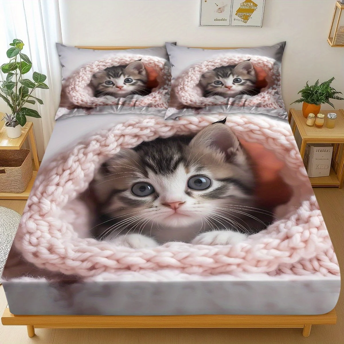 3pcs Cute Cat Bedding Set, Soft Fitted Sheet with 2 Pillowcases, Cozy Animal Lover Gift for Women, Twin&Full&Queen Size