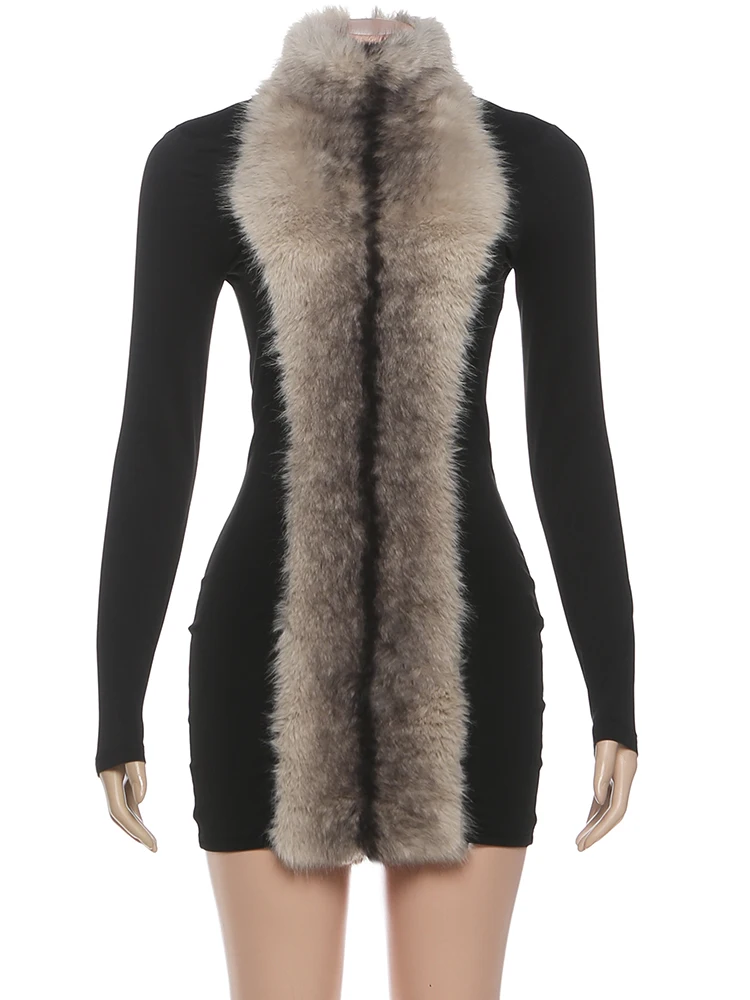 Nibber Patchwork Fluffy Dress Women Turtleneck Skinny Sexy Midnight Prom Party Hottie Autumn Elasticity Classic Mini Bodycon