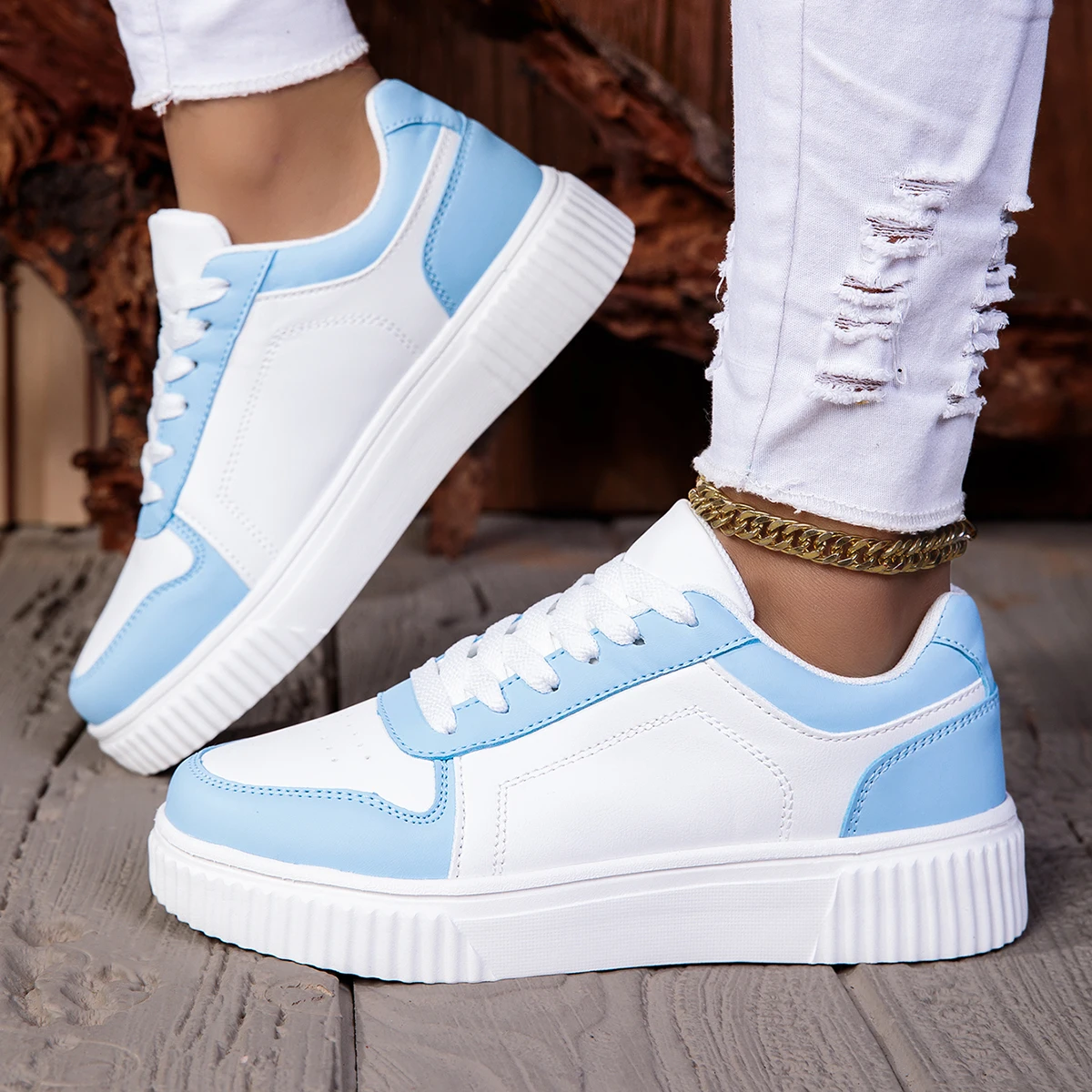 ZERJER Unisex Sneakers, New Arrival Large Size Classic Retro Men's Sports Skate Shoes, White Thick-Soled Tennis Shoes, Solid Col 4