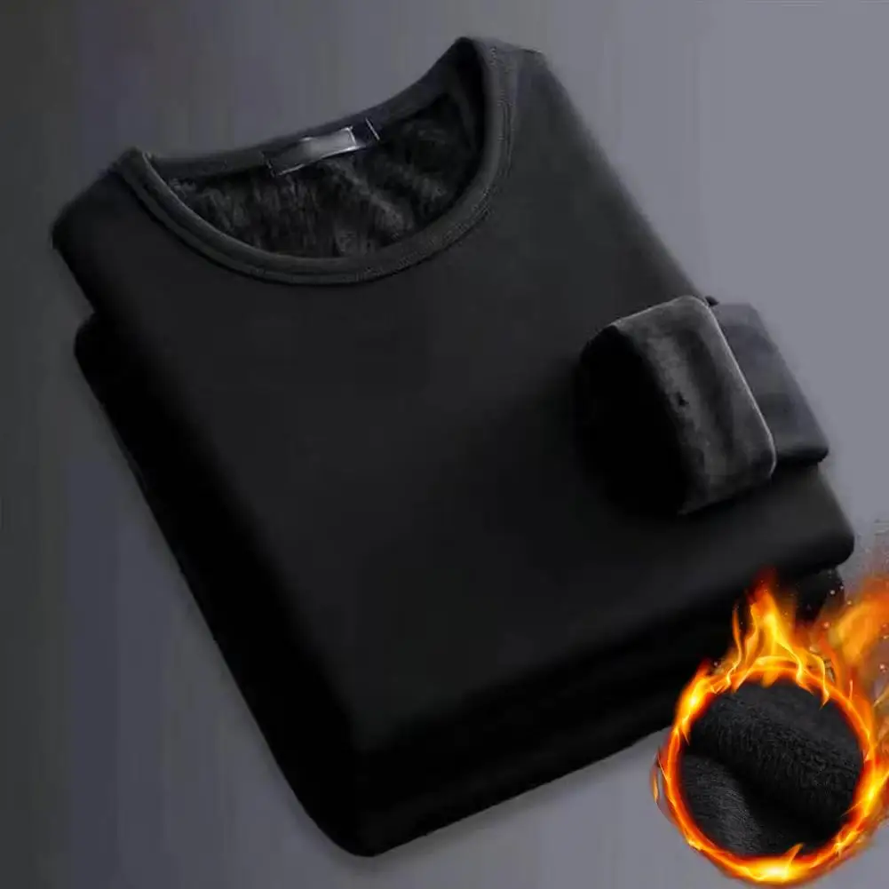 

Trendy Men Top Slim Fit Fleece Top Long Sleeve Men Warm Fleece Lining Bottoming Top Coldproof