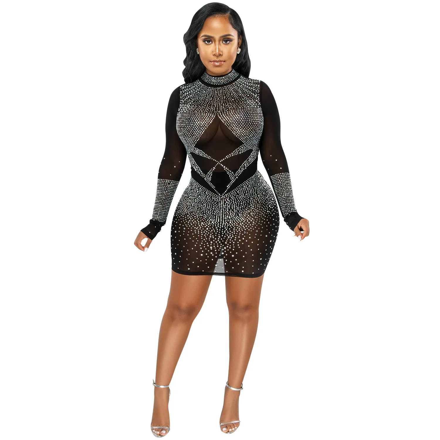 قائمة جديدة المرأة فستان قصير شبكة منظور طويلة الأ...