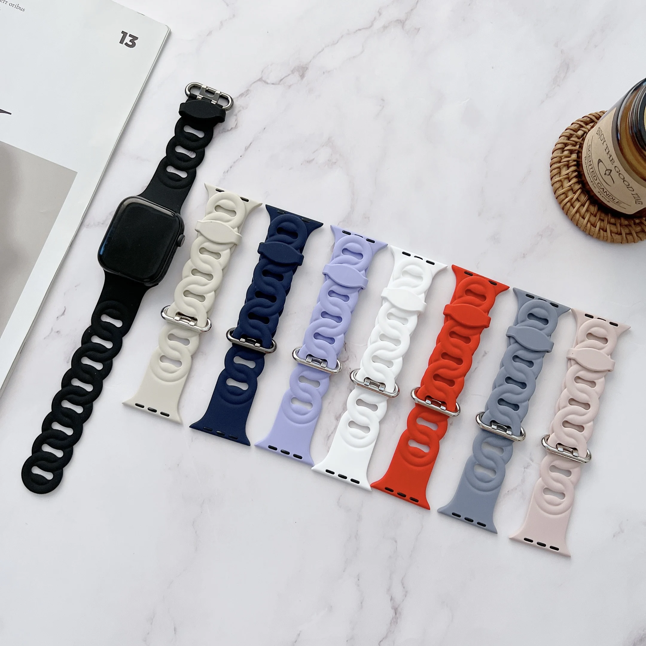 애플 워치 밴드용 실리콘 스트랩, 고어멧 팔찌, 아이워치 시리즈 7, 6, 5, 4, 3, 8 울트라, 44mm, 40mm, 45mm, 49mm, 41mm, 38mm 액세서리