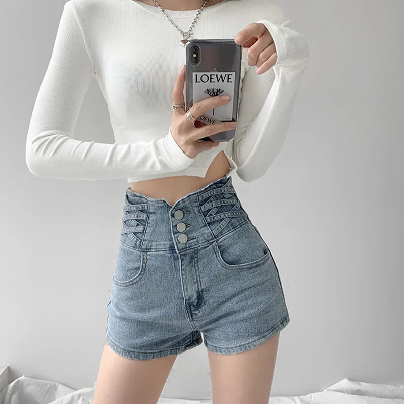 Shorts Women Summer High Waist Denim Criss-cross Design Korean Hot Girls Simple All-match Popular Retro A-line Slim Chic