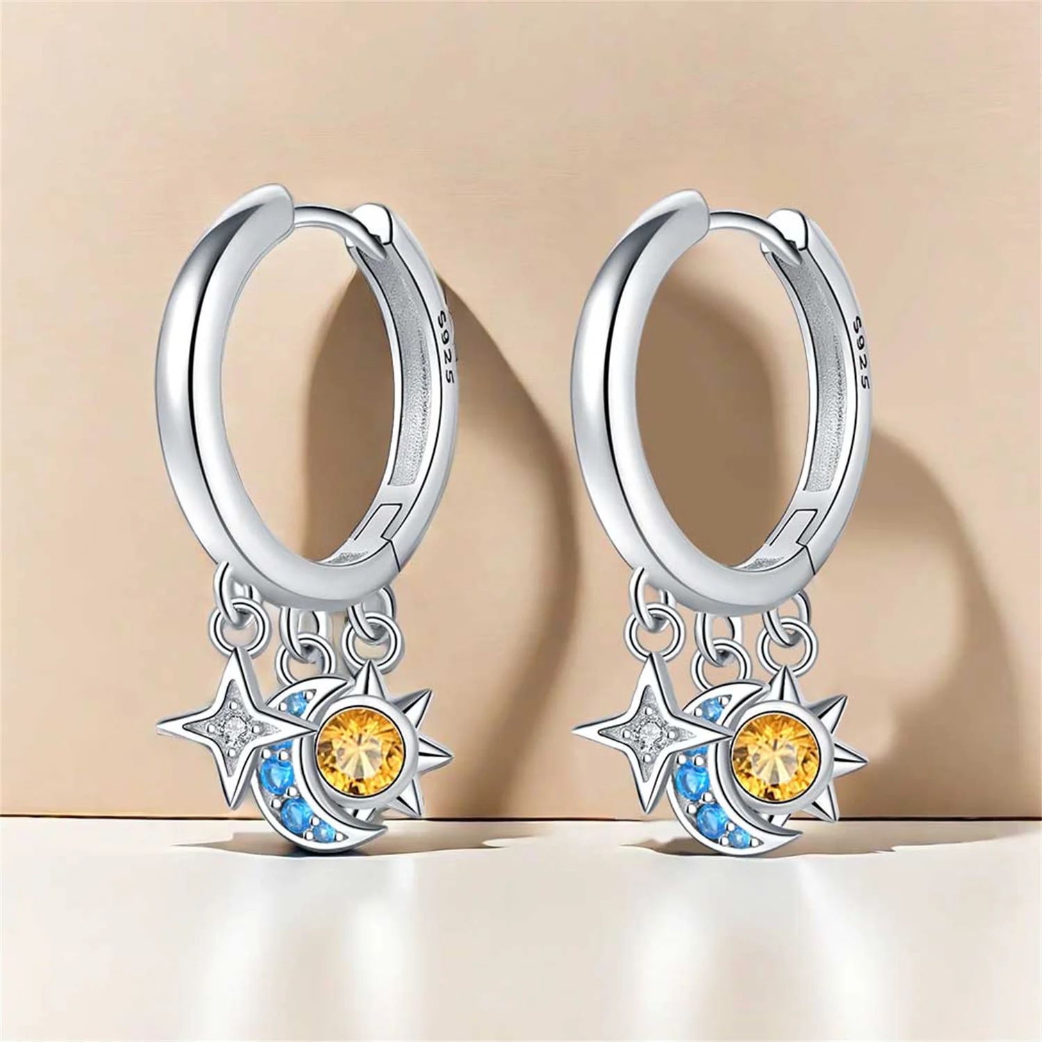 Original-Creolen aus 925er-Sterlingsilber mit einfachem Stern-, Mond- und Herz-Motiv für Damen, Boutique-Geschenke für Geburtstagsfeiern, vielseitiger Schmuck – Detail 24