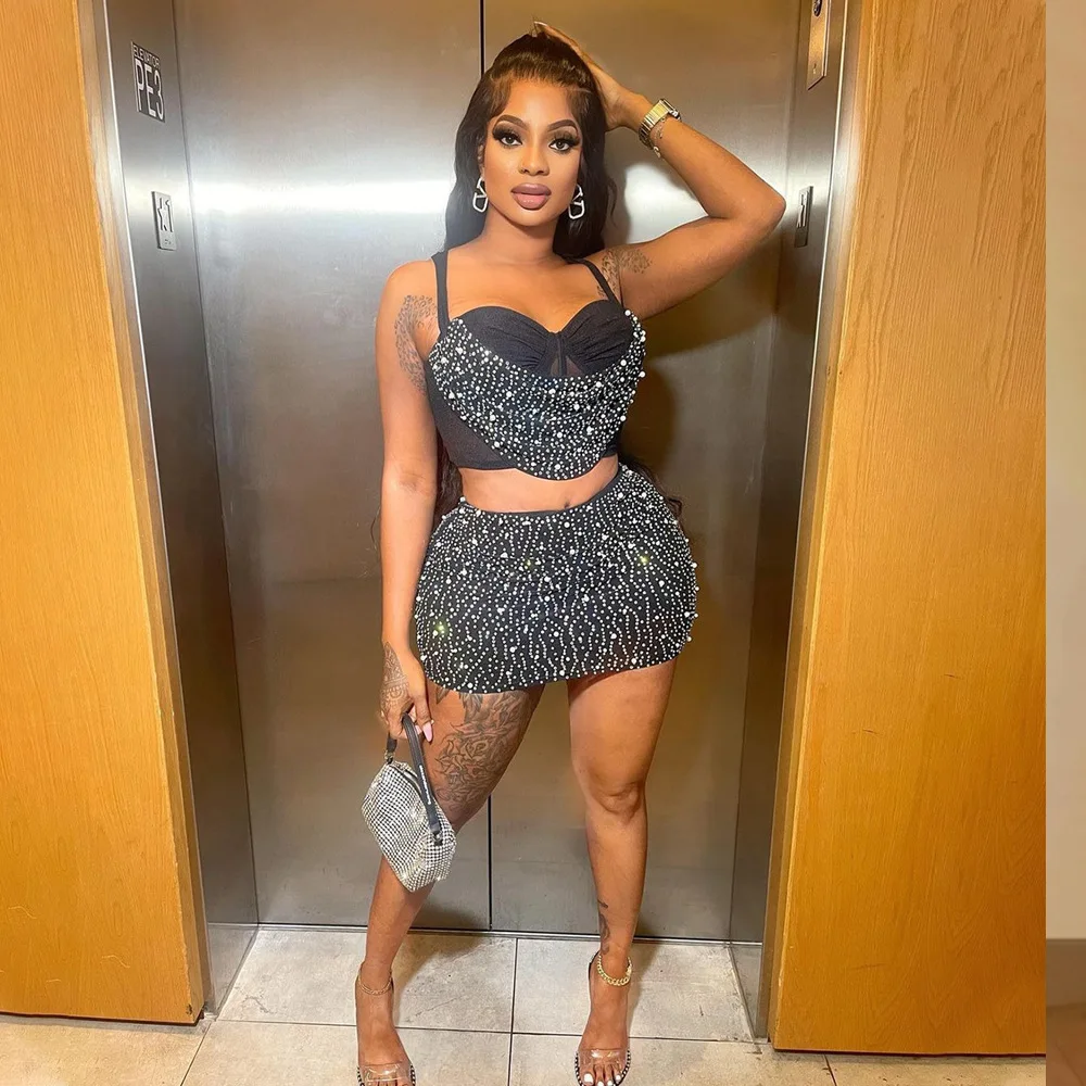 Sexy Rhinestone Beading Two Piece Dress Women Club Wrap Dress 2023 Summer Fashion Luxury Clothing Female 2 Piece Skirt Set