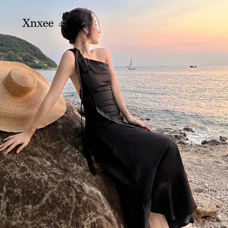 

Tie Up Long Dress Backless One Shoulder Sexy Goth Black Strap Bodycon Women Slim Basic Casual Sundress Streetwear Robe Clothing