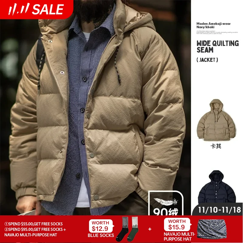 Maden Men's Winter Wide Quilting Seam Thickened Down Jacket White Duck Down Navy Blue Hooded Jacket High Density Fabric Warm Top