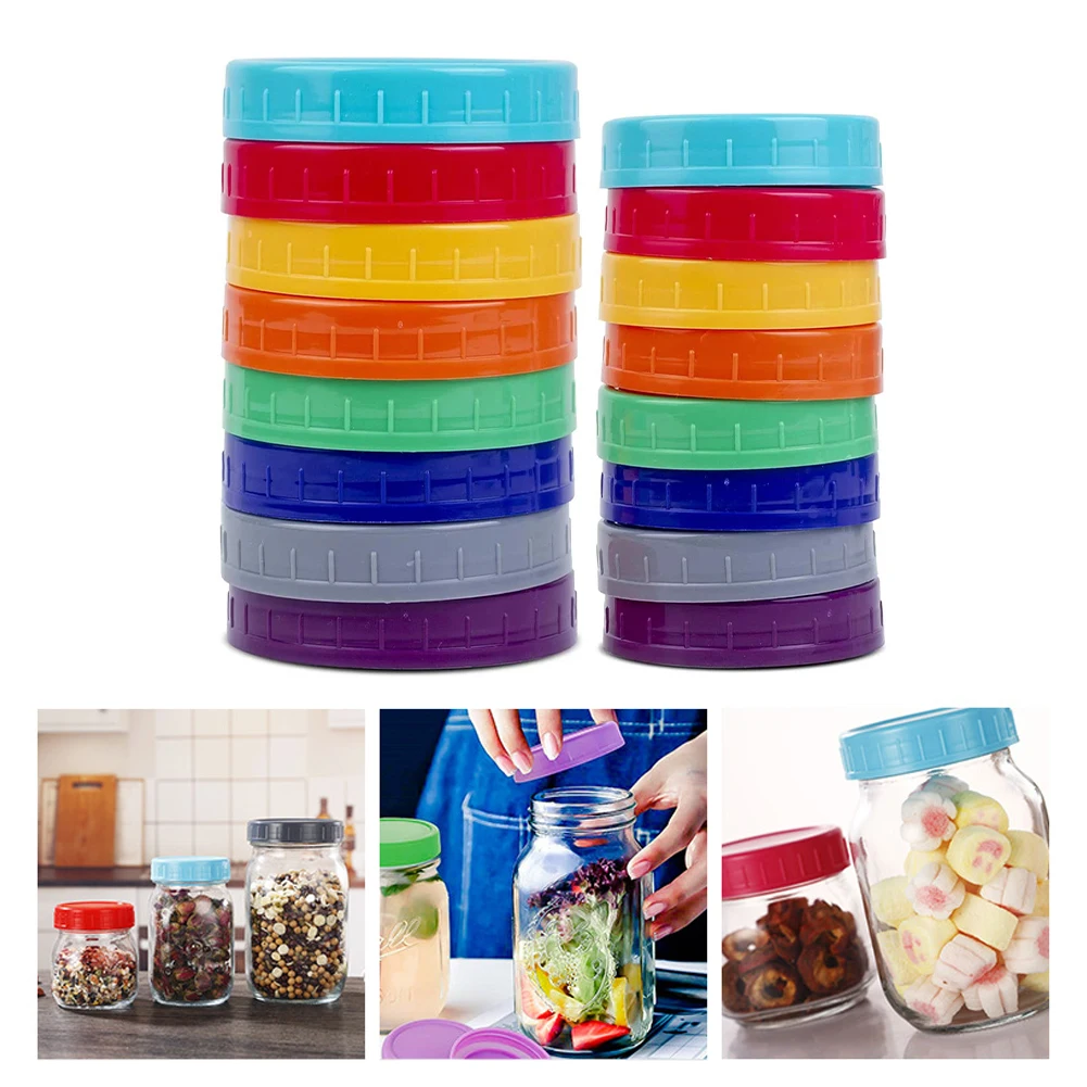16pcsColoredPlasticMasonJarLidsFoodGradeRecyclablePlastic