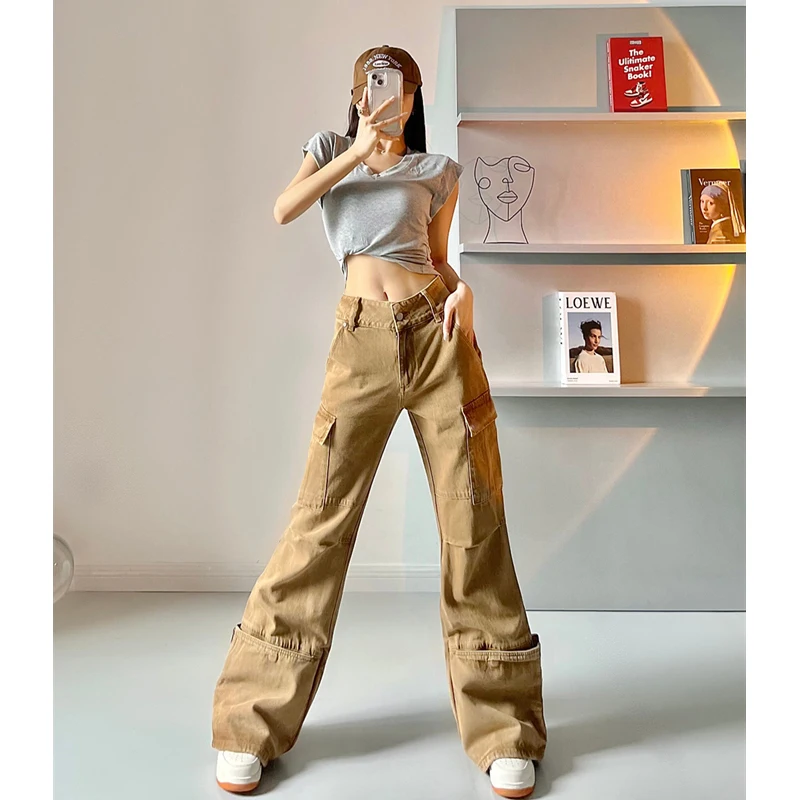 

Women's Chic Micro Flare Wide Leg Pockets Cargo Pants Lady Spring Summer Vintage High Waist Loose Long Cargo Pants