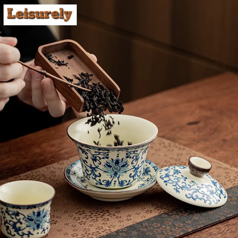 Chinese Ru Kiln Blue And White Ceramic Tea Set Exquisite Tea Infusers Klit Kung Fu Tea Cup Portable Teapot Gaiwan Tea Cups Gifts