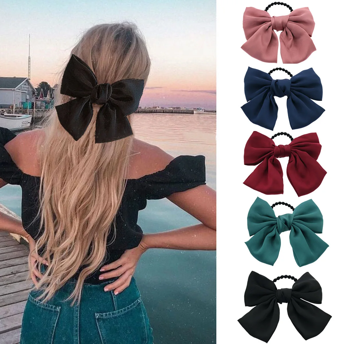 1 unidad de bandas elásticas para el cabello con lazo grande a la moda, bufanda para cola de caballo, lazos para el cabello, coleteros para mujer, accesorios para el cabello