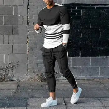 Men's Long Sleeve T-shirts and Pants Two Piece Blue geometry 3D Printed Men's Sets Casual Suit nike tech fleece