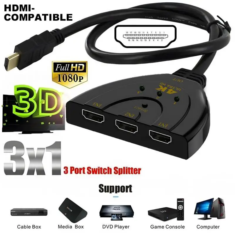 

RYRA 4K 2K 1080P 3D HDMI-compatible Cable Splitter 3in1 Video Switcher Adapter HDMI Cable Hub For PS5 PS4 Xbox Laptop PC TV Box