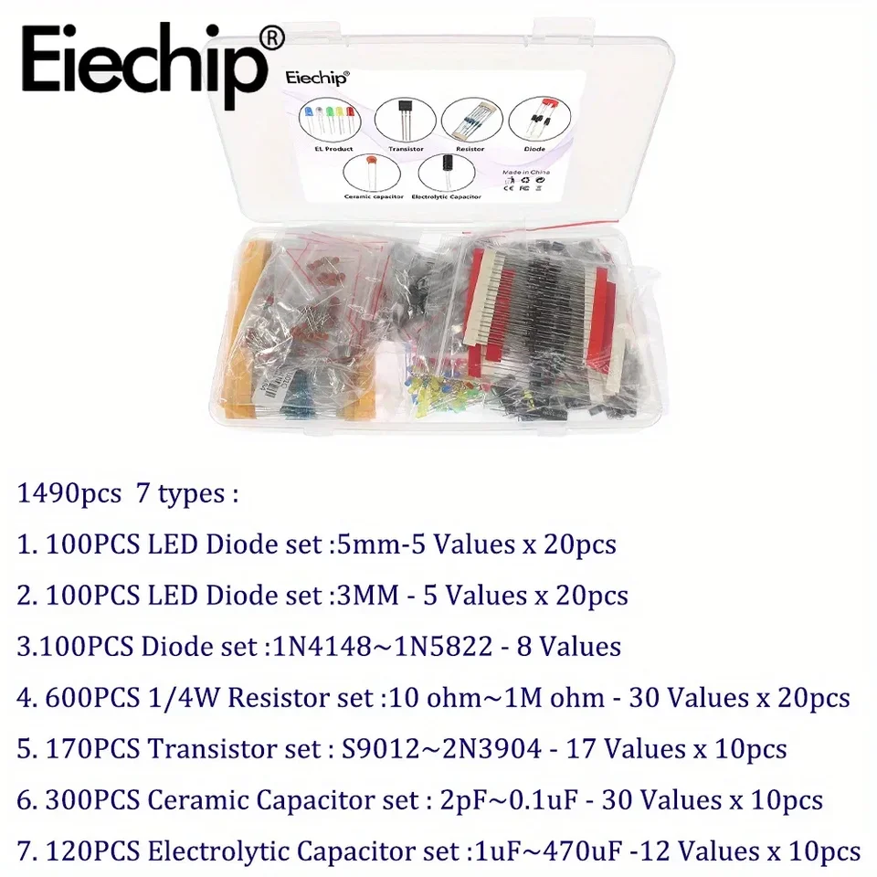 1390PCS Kit Composants Électroniques, Condensateurs Électrolytiques, Résistances, Condensateurs En Céramique, Transistors Et Diodes LED