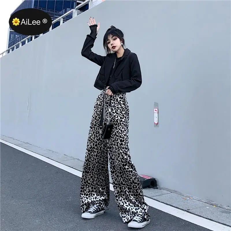 Korean Fashion Ins Harajuku Leopard Pants Women Mujer Floor Length Long Wide Leg Pant Chic BF Straight Draped Elastic High Waist