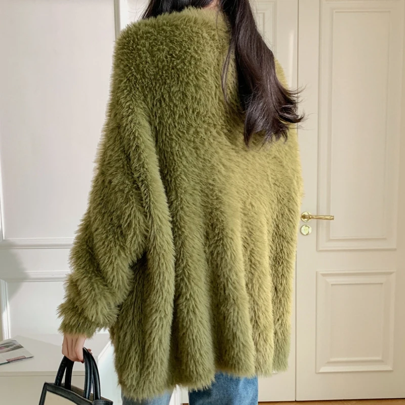 여성용 두꺼운 오버사이즈 푹신한 스웨터, 합성 밍크 캐시미어 코트, 래글런 슬리브, V넥 니트 스웨터, 가디건, 가을 겨울