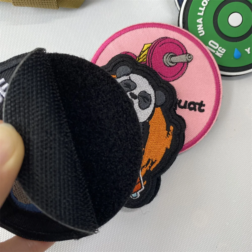 Fitness Weightlifting Embroidery Patch - Panda Monkey Hook and Loop Dumbbell Design
