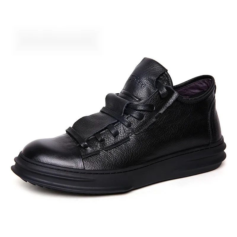 Chaussures décontractées en cuir véritable à coupe mi-haute avec couche de cuir de vache, nouvelle tendance britannique en peluche d'hiver pour hommes à gros orteil_voghion.com