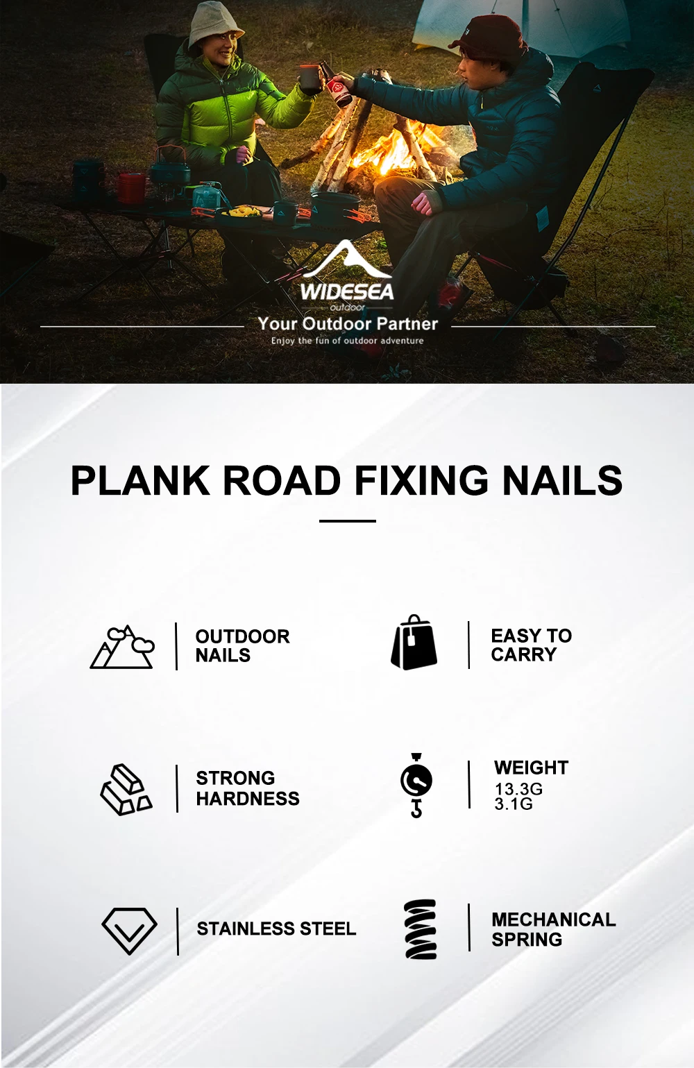 Description Picture 2 of itemWidesea 4PCS Fishbone Nails Floor Boarding Ground Spike Pegs Deck Fixed Spiral Spring Hooks Wind Rope Buckle Tent Accessories